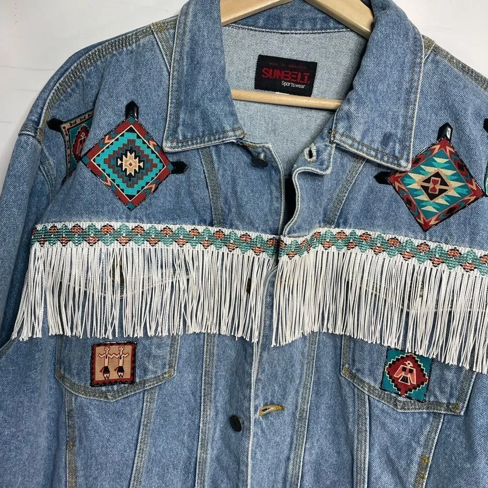 Vintage Sunbelt Aztec Denim Western Fringe Button‎ Front Jacket Medium